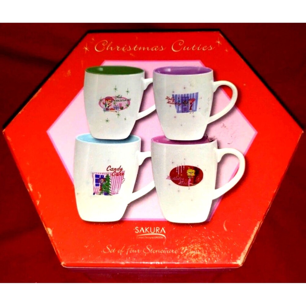 CHRISTMAS CUTIE Stoneware Coffee Mug Tea Cup Set of 4 by Sakura-NEW
